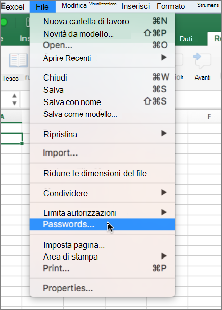 Opzione Password nel menu File