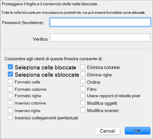 Screenshot che mostra gli elementi disponibili per la protezione all'interno di un foglio.