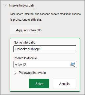 Riquadro Intervalli sbloccati con campi nome intervallo e intervallo celle