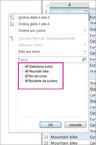 Filtrare selezionando elementi in un elenco
