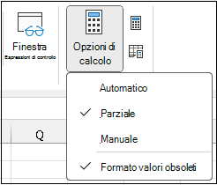 Formato valori non aggiornati Impostazione disponibile sulla barra multifunzione per la disattivazione o l'attivazione in modalità di calcolo parziale o manuale.