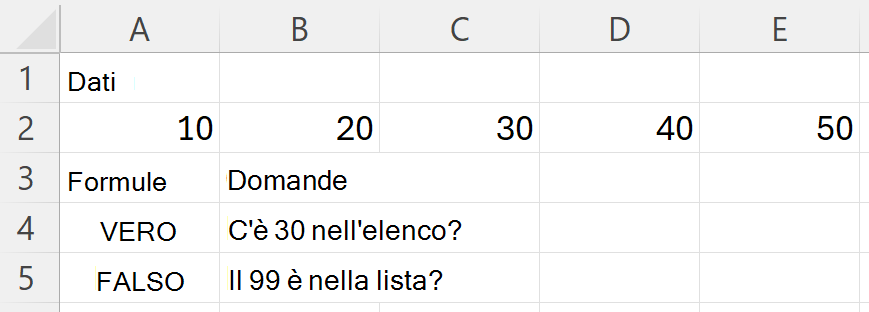 HAS restituisce VERO per 30 e FALSO per 99 durante la ricerca in un intervallo contenente 10, 20, 30, 40 e 50
