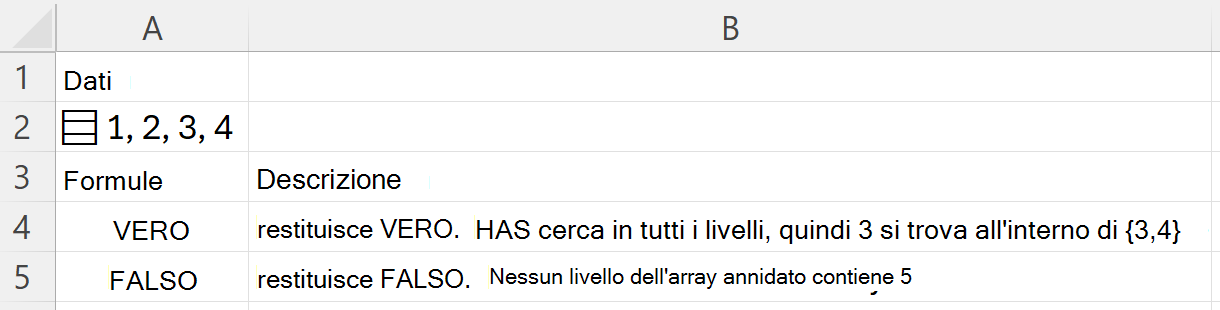 HAS trova 3 all'interno di una matrice annidata e restituisce VERO; la ricerca di 5 restituisce FALSO