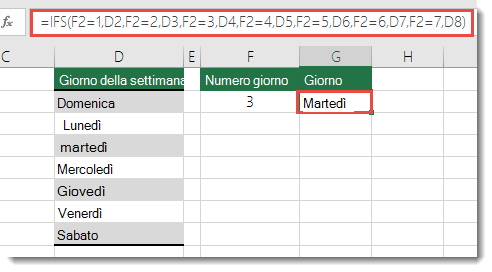 Funzione PIÙ.SE - Esempio di giorni della settimana - La formula nella cella G2 è  =SE(F2=1;D2;F2=2;D3;F2=3;D4;F2=4;D5;F2=5;D6;F2=6;D7;F2=7;D8)