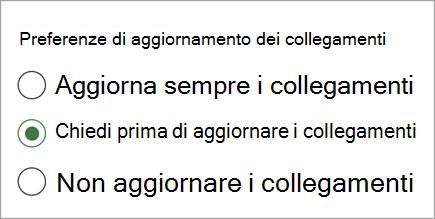 Screenshot delle preferenze di aggiornamento dei collegamento con una versione two.jpg