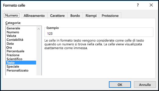 Finestra di dialogo Formato celle che visualizza la scheda Numero e l'opzione Testo selezionate
