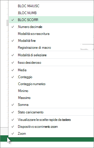 Fare clic con il pulsante destro del mouse sulla barra di stato per personalizzarla