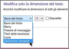 Impostazioni del formato delle descrizioni comandi di Windows 8