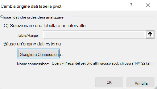 Screenshot che mostra la finestra di dialogo Cambia origine dati tabella pivot.