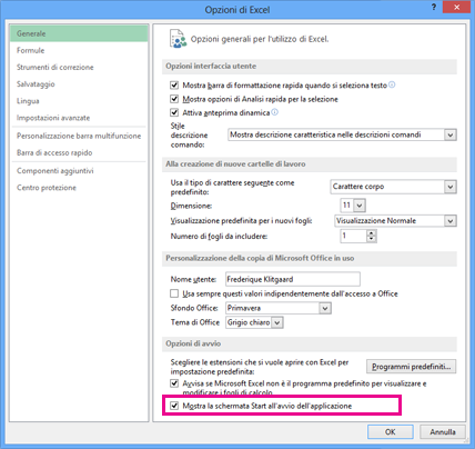 Opzioni di avvio nella finestra di dialogo Opzioni di Excel
