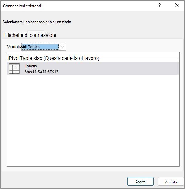 Scheda Tabelle nella finestra di dialogo Connessioni esistenti