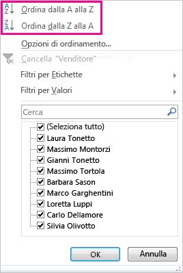 Pulsanti di ordinamento