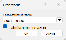 Finestra Crea tabella