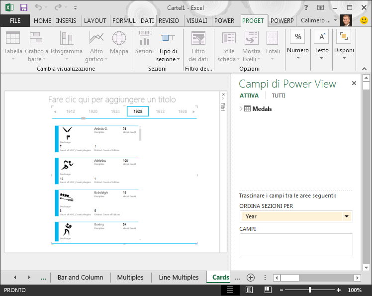 Contenitore ORDINA SEZIONI PER in un report Power View