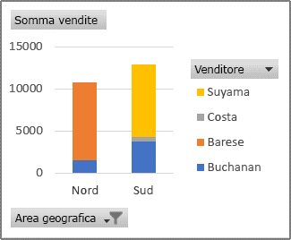 Rapporto di grafico pivot con le vendite di ogni agente di vendita suddivise per area