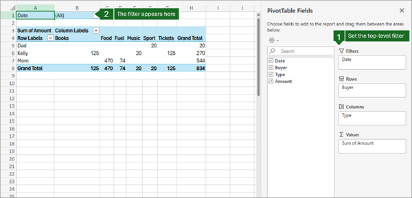 Tabella pivot di Excel per il web con data nell'area Filtri