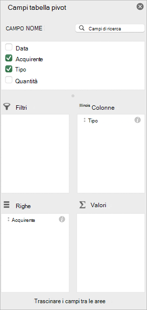 Riquadro Campi tabella pivot in Excel per Mac