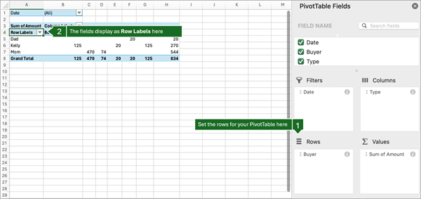 Tabella pivot di Excel per Mac con acquirente nell'area Righe