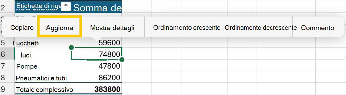 Aggiornare la tabella pivot dal menu di scelta rapida dell'iPad.