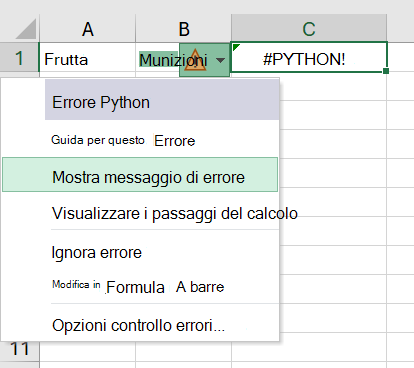 Un errore in una cella Python in Excel, con il menu degli errori aperto.