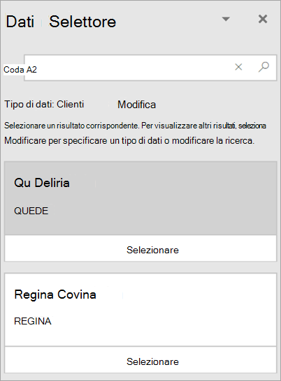 Screenshot del riquadro Selezione dati.