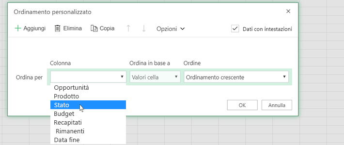 Selezionare una colonna nella finestra di dialogo Ordinamento personalizzato