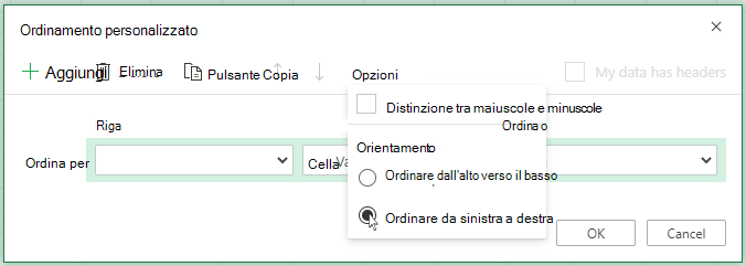 Menu Opzioni di ordinamento personalizzato aperto e selezionare Ordina da sinistra a destra