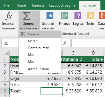 È possibile usare la Procedura guidata Somma automatica per creare automaticamente una formula Somma. Selezionare un intervallo sopra/sotto o a sinistra/destra dell'intervallo da sommare e passare alla scheda Formula sulla barra multifunzione, quindi selezionare Somma automatica & SOMMA.