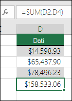Usare la funzione SOMMA invece di codificare i valori nelle formule. La formula nella cella D5 è =SOMMA(D2:D4)