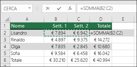 La cella D2 mostra la formula SOMMA con Somma automatica: =SOMMA(B2:C2)