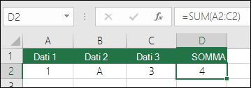 Costruzione corretta della formula. Invece di =A2+B2+C2, la formula della cella D2s è =SOMMA(A2:C2)