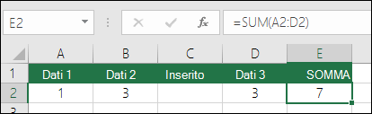 L'esempio ritrae una formula SOMMA che si espande automaticamente da =SOMMA(A2:C2) a =SOMMA(A2:D2) dopo l'inserimento di una colonna
