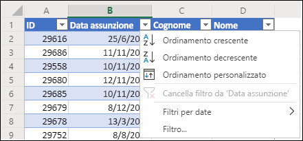 Usare Filtro tabella di Excel per ordinare in ordine crescente o decrescente