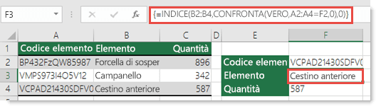 Se si usa INDICE/CONFRONTA quando si ha un valore di ricerca maggiore di 255 caratteri, è necessario immettere una formula di matrice. La formula nella cella F3 è =INDICE(B2:B4;CONFRONTA(VERO,A2:A4=F2,0),0) e viene immessa premendo CTRL+MAIUSC+INVIO