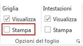 Gruppo Opzioni del foglio della scheda Layout di pagina