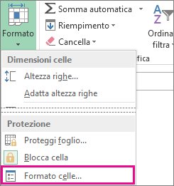 Nella scheda Home, pulsante Formato e pulsante Formato celle nel menu