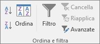 The Sort & Gruppo Filtro nella scheda Dati