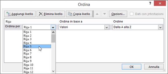 Scegliere la riga da ordinare