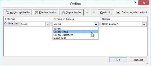 In Ordina in base a selezionare un'opzione