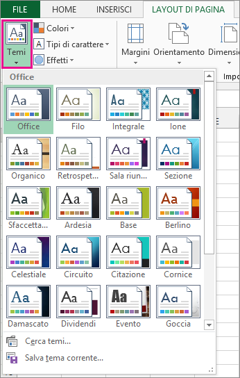 Raccolta Temi nella scheda Layout di pagina
