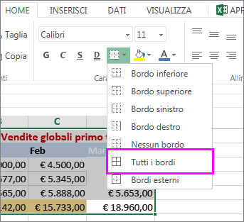 aggiungere un bordo a una tabella o a un intervallo di dati