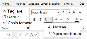 Screenshot del gruppo di pulsanti Carattere da usare quando si modifica lo stile del carattere in una cella.
