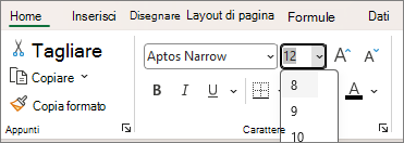 Screenshot dell'elenco a discesa selezionare un'altra dimensione del carattere.