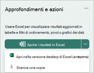 Selezionare la freccia a discesa accanto a Apri risultati in Excel per aprire in Excel desktop come anteprima oppure scaricarne una copia.