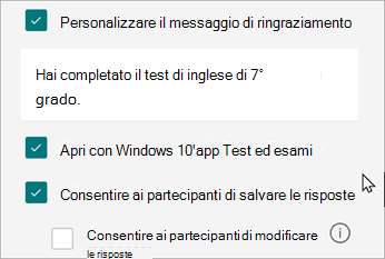 Le impostazioni per un test visualizzeranno un'opzione per le risposte specifiche per i test: Apri con Windows 10 Test ed esami