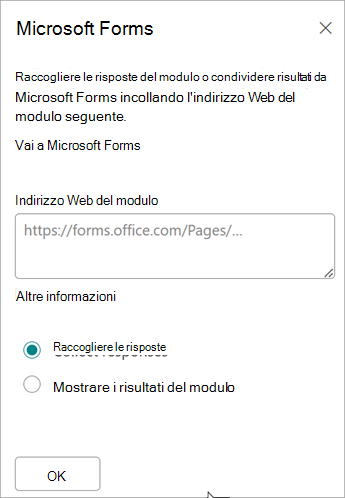 Incollare l'URL del modulo nel campo Indirizzo Web modulo.