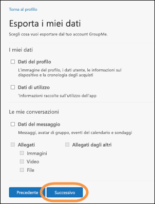 Finestra Esporta dati personali in GroupMe con il pulsante Avanti evidenziato