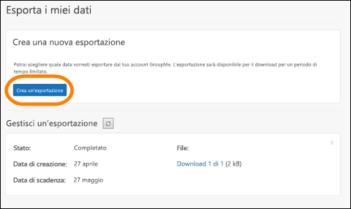 Finestra Crea una nuova esportazione in GroupMe