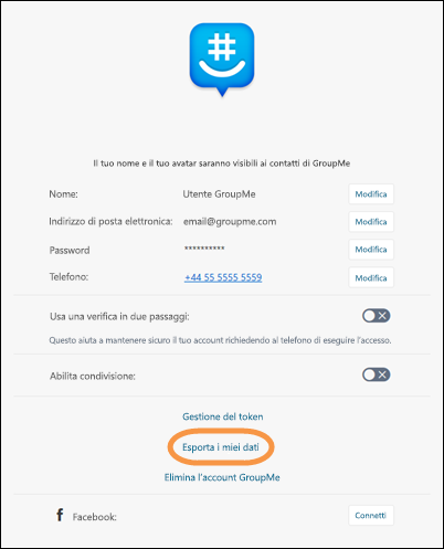 Profilo GroupMe con l'opzione Esporta i dati evidenziata
