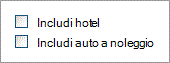 Includi le caselle di controllo dell'hotel e Includi auto a noleggio